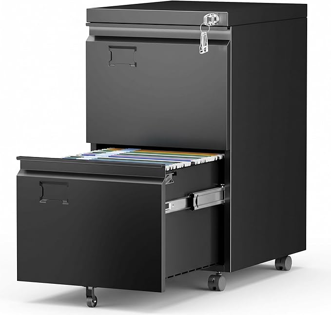 Aobabo 2 Drawer Metal File Cabinet with Lock, Black | Rolling metal cabinet for letter/legal files, under-desk storage, home offices, and business workspaces.