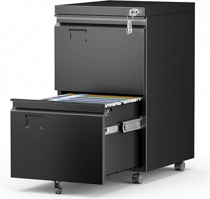 Aobabo 2 Drawer Metal File Cabinet with Lock, Black | Rolling metal cabinet for letter/legal files, under-desk storage, home offices, and business workspaces.