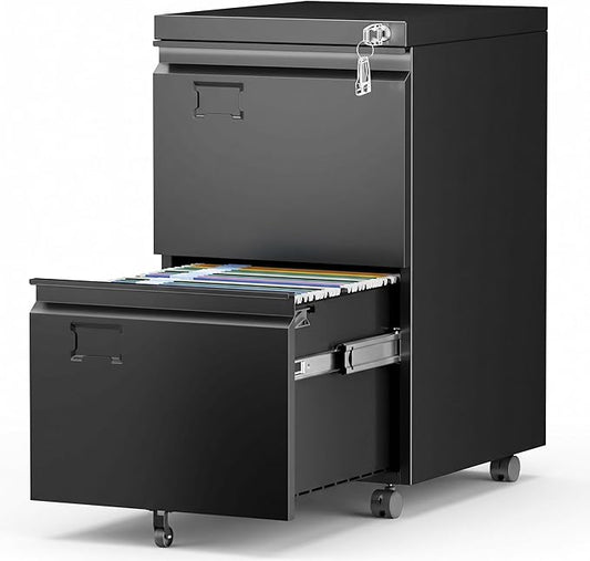 Aobabo 2 Drawer Metal File Cabinet with Lock, Black | Rolling metal cabinet for letter/legal files, under-desk storage, home offices, and business workspaces.