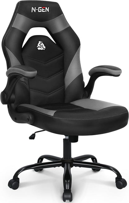 N-GEN Video Gaming Chair Ergonomic Computer Desk Office Chair with Lumbar Support Adjustable Height Swivel Wheels Flip-Up Arms PU Leather Home and Office (Grey)