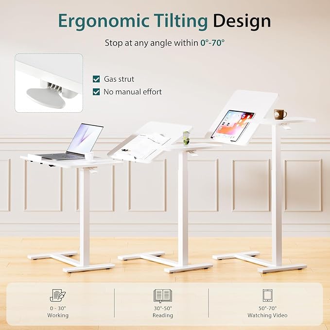 Simple Deluxe Overbed Bedside Table with Hidden Casters, Height Adjustable Desk with Tilting Top, Mobile Rolling Laptop Desk, Standing Rolling Desk Hospital Home Use, White