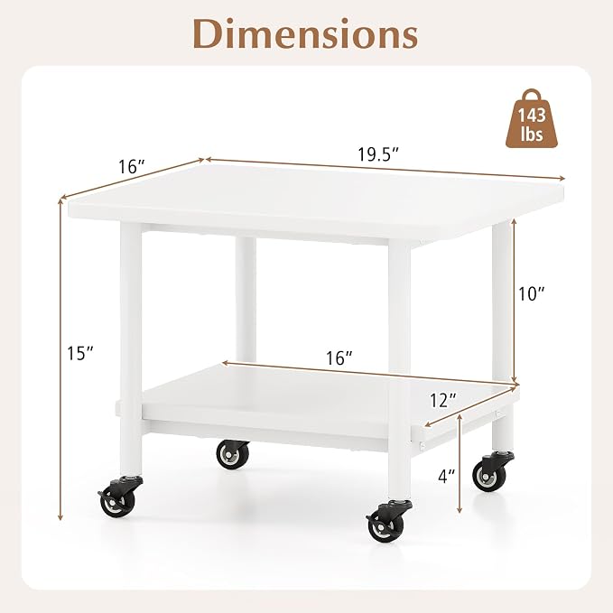 GOFLAME Under Desk Printer Stand, 2-Tier Mobile Printer Table with Storage Shelf, Metal Frame, Rolling Printer Cart Holder Storage Rack with Lockable Wheels for Home Office, White