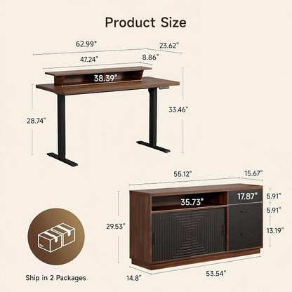 ONBRILL 63" Electric Standing Desk with 55" File Cabinet, Adjustable Height Home Office Furniture Set with Monitor Stand and 3 Drawers, Executive Workstationfor Home Office, Walnut