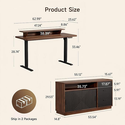 ONBRILL 63" Electric Standing Desk with 55" File Cabinet, Adjustable Height Home Office Furniture Set with Monitor Stand and 3 Drawers, Executive Workstationfor Home Office, Walnut