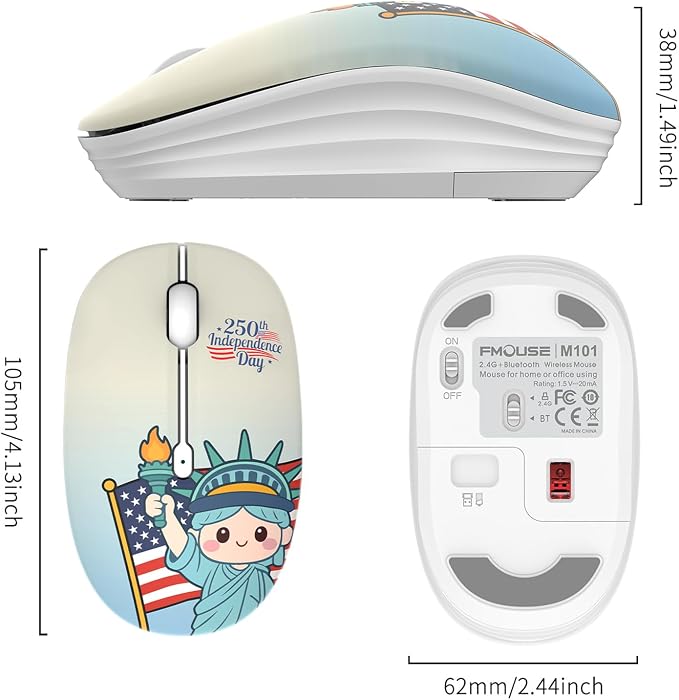 FMOUSE 250th Independence Day Wireless Mouse, Cute Patriotic Liberty Statue, Silent, 2.4G & Bluetooth, 4th of July Gift for Kids Teen Girls Students, AA Battery, Laptop MacBook iPad PC Chromebook