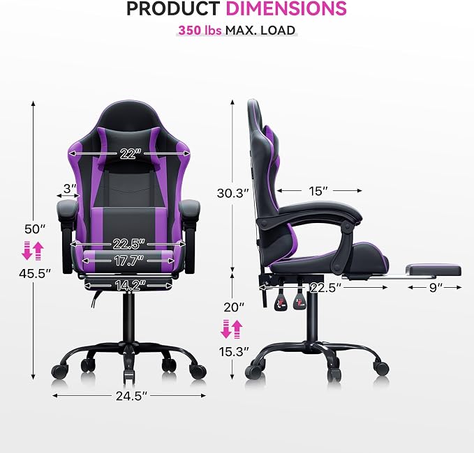 Gaming Chair, Ergonomic Computer Chairs with Arms, Lumbar Support, Footrest, Headrest 360°Swivel Chair, Adjustable Back and Height, Leather PC Chairs for Gaming, Study, Office, Black/Purple
