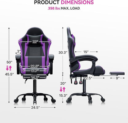Gaming Chair, Ergonomic Computer Chairs with Arms, Lumbar Support, Footrest, Headrest 360°Swivel Chair, Adjustable Back and Height, Leather PC Chairs for Gaming, Study, Office, Black/Purple