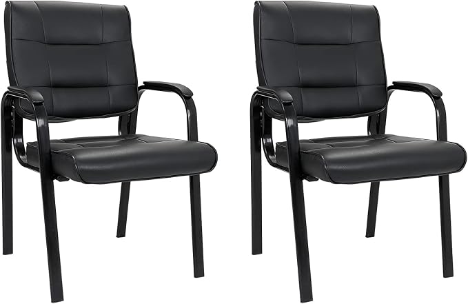 ZenStyle Set of 2 Office Reception Guest Chair No Wheels, Executive Side Chair with Bonded Leather and Black Metal Frame for Waiting Room, Conference Room, Reception Meeting, Lobby