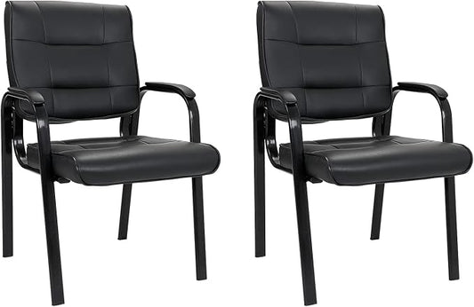 ZenStyle Set of 2 Office Reception Guest Chair No Wheels, Executive Side Chair with Bonded Leather and Black Metal Frame for Waiting Room, Conference Room, Reception Meeting, Lobby