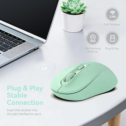 Wireless Mouse, 2026 New Model, Silent Click Ergonomic Design, Portable, 4 Buttons, Adjustable DPI (800/1200/1600), for Laptop/PC/Office (Green)