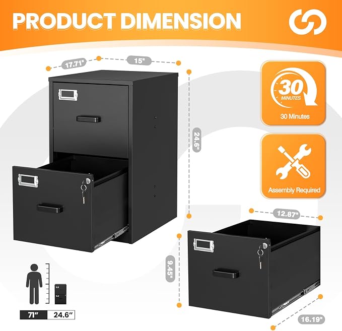 2 Drawer File Cabinet with Lock, Metal Filing Cabinets for Home Office, Vertical Small Caninet for Home Office, Black Steel Narrow Two Drawer File Cabnet for Letter/File Box- Assembly Required