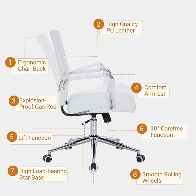 Sidanli Ergonomic Desk Chairs, Executive Swivel Leather Mid Back Chair with Smooth Rolling Wheels for Office, Conference Room White