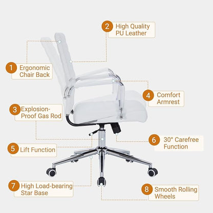Sidanli Ergonomic Desk Chairs, Executive Swivel Leather Mid Back Chair with Smooth Rolling Wheels for Office, Conference Room White