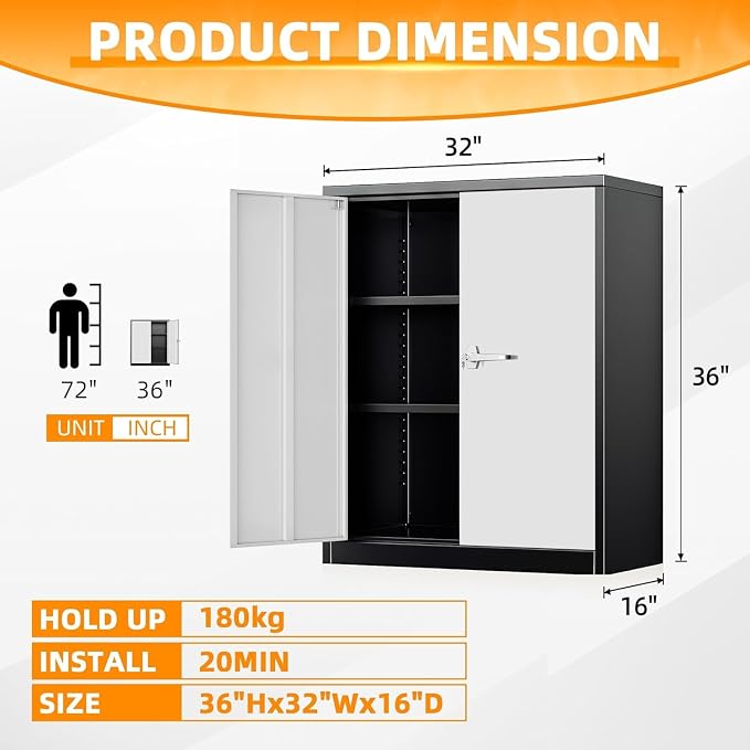 INTERGREAT Metal Garage Storage Cabinet, 36" Lockable Storage Cabinet with 2 Doors and 2 Adjustable Shelves, Steel Grey White File Cabinet Great for Home Office, Garage, Warehouse, Study Room