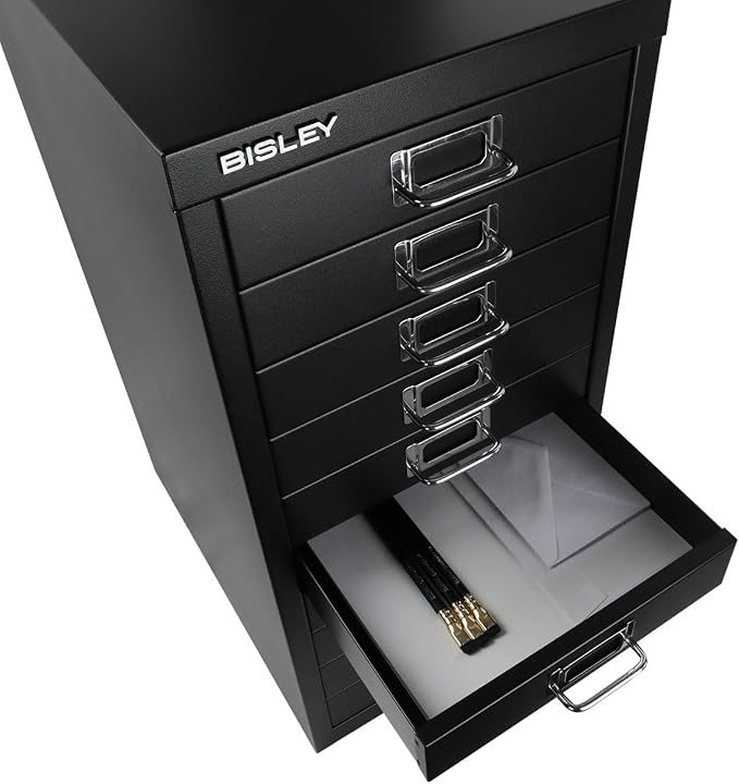 Bisley 10-Drawer Steel MultiDrawer Cabinet - Black | Chrome Pull Handles with Label Holders, Powder-Coated Steel, Removable Drawers, Fits Under Most Desks, Labels Included