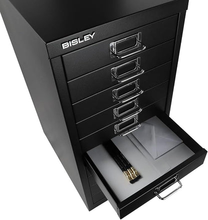 Bisley 10-Drawer Steel MultiDrawer Cabinet - Black | Chrome Pull Handles with Label Holders, Powder-Coated Steel, Removable Drawers, Fits Under Most Desks, Labels Included