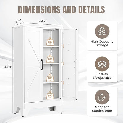 Yizosh Metal Storage Cabinet with 2 Doors and 3 Adjustable Shelves - 47" White Kitchen Pantry Storage Cabinet Locker for Kitchen,Living Room,Dining Room