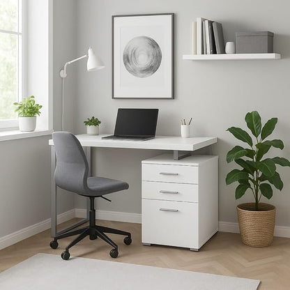 CARTESIAN Modern Reversible Computer Desk with 3 Drawers, 47.25W x 23.5D x 30H inches, White and Silver Metal Frame, File Cabinet Storage