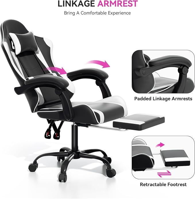 Gaming Chair with Footrest, Ergonomic Computer Gaming Desk Chair with Lumbar Support & Headrest, Adjustable High Back PU Leather Office Chair, Swivel Racing Style Gamer Chair, Black/White