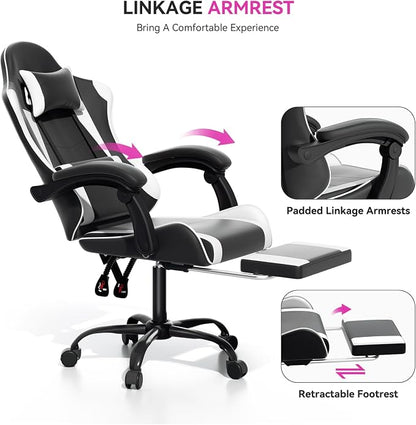 Gaming Chair with Footrest, Ergonomic Computer Gaming Desk Chair with Lumbar Support & Headrest, Adjustable High Back PU Leather Office Chair, Swivel Racing Style Gamer Chair, Black/White