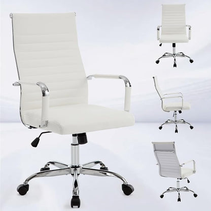 Office Chair, Ergonomic Executive Conference Room Chairs, Ribbed Leather Desk Chair with Lumbar Support, Adjustable Height Mid-Back Swivel Chair (Triple Bend Handrail Armrests, White)