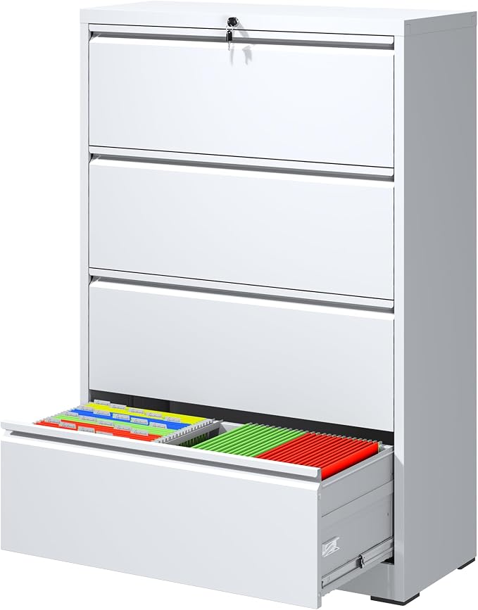 4 Drawer File Cabinet with Lock, White Metal Lateral Filing Cabinets for Home Office, Heavy Duty Steel Horizontal Locking Storage Cabinet for Legal/Letter/A4 Size File, Assembly Required