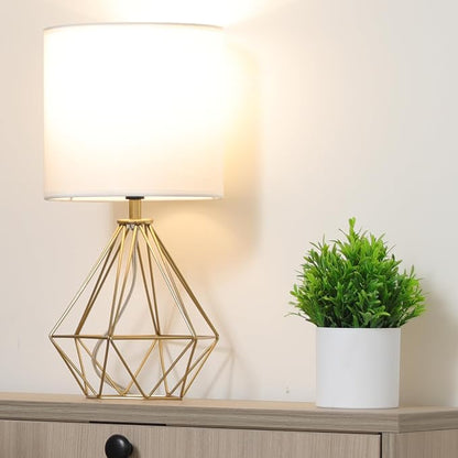 Gold Modern Small Table Lamp for Bedroom & Living Room - Geometric Metal Base, White Fabric Shade, Ideal for Bedside & Kids' Desk, Nightstand Lamp