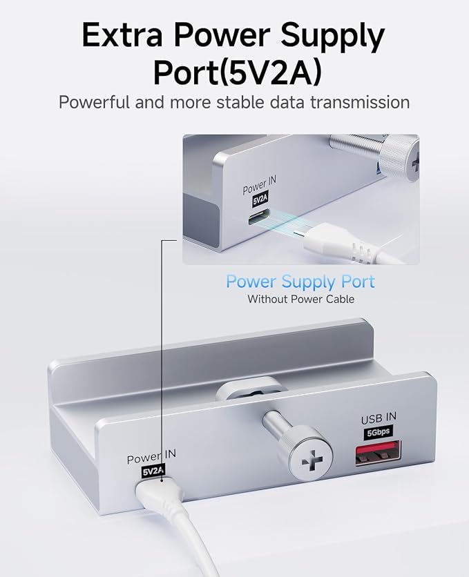 USB Hub 3.0, 5Gbps Clamp USB Hub for Desk/Monitors with Extra Power Supply Port, 3 USB-A Data Ports, USB-C Data Port for iMac Pro/iMac (Silver)