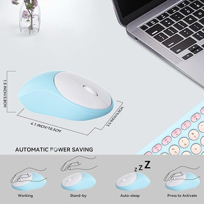 Wireless Keyboards Mouse Combos, Colorful Cute Typewriter Full-Size Retro Round Keyboard, 2.4GHz Sleep Mode Office Quiet Wireless Creamy Keyboard and Mouse Set for Desktop Laptop PC Computer-Blue
