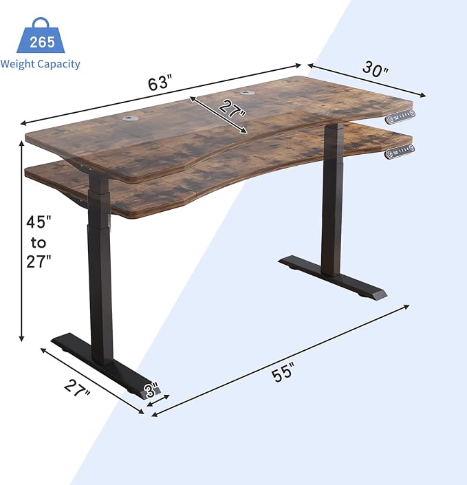 Dual Motor 63x30 Height Adjustable Electric Standing Desk,Height Stand Up Computer Desk,Sit and Stand Home Office Desk with Splice Board,(Rustic Brown Top, Black Frame)