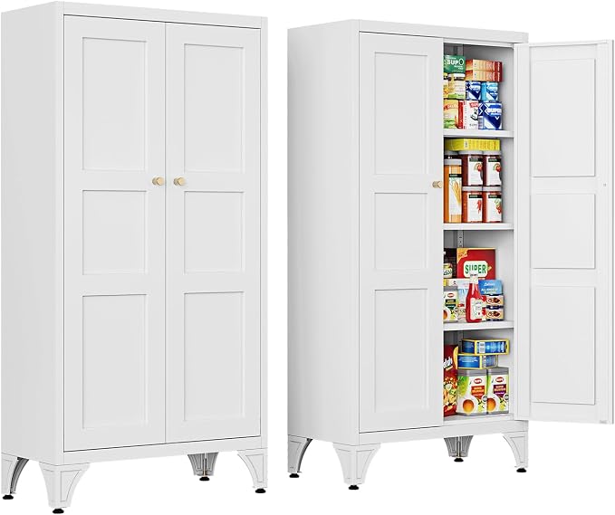 Letaya 47.3" H Metal Storage Cabinet with 2 Doors and 3 Shelves,Freestanding Bathroom Floor Cabinets,Kitchen Pantry Cabinets,Utility Pantry Organizers for Cupboard/Dining/Home Office/Garage,White