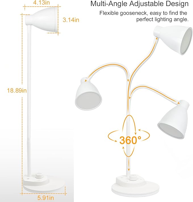 BOHON LED Desk Lamp with USB Charging Port, 3 Color Modes Dimmable, White | Reading Lamp, Auto Dimming Task Lamp, Flexible Neck Table Light for Dorm Bedside, Adapter Include