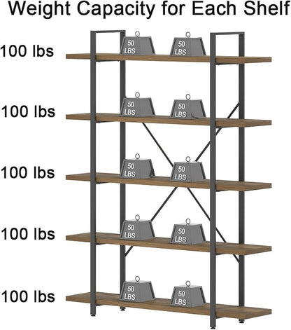 HSH Industrial Wood and Metal 5 Tier Bookshelf, Large Tall Open Rustic Wide Etagere Bookcase, Vintage Farmhouse Modern Wooden Big Book Shelf for Home Living Room Bedroom Office Storage, Rustic Oak