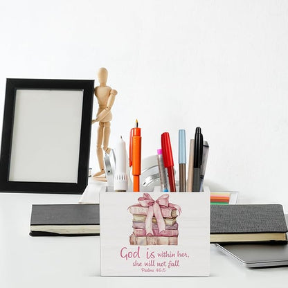 Christian Girly Office Decor Preppy Coquette Bow Room Decor for Girl Women Daughter Pink Pen Holder for Desk Girl Room Workplace Library Home desk decor Holder2832