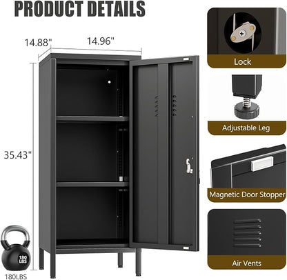 Black Metal Locker Cabinet, 35.4" H Home Office Storage Lockers, Vertical Steel Storage Cabinet with Locking Door and 2 Adjustable Shelves, Garage Tool File Cabinets for Home Office,Garage,Bathroom