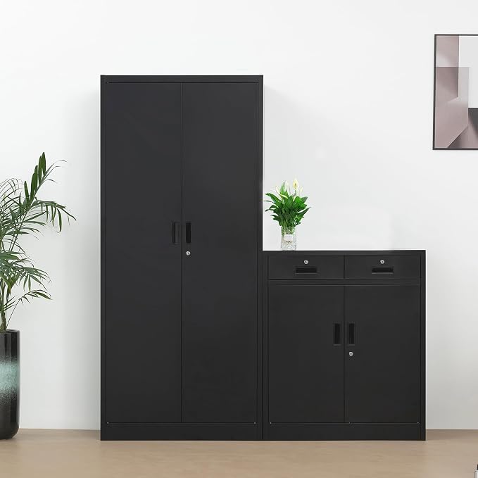 CMY Metal Storage Cabinet, Locking Storage Cabinet with Two Drawers, 36" H Steel Cabinets with Adjustable Shelf for Office, Garage, Home-Black