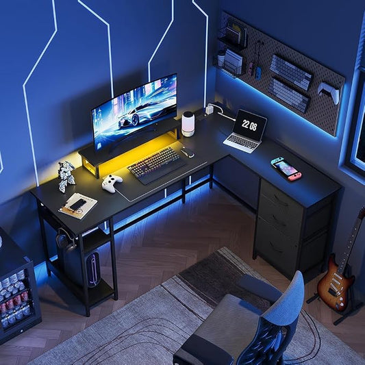 DEVAISE 60 Inch L Shaped Gaming Desk with Drawers and Storage, Corner Desk with LED Lights, Power Outlets, Computer Desk with Monitor Stand, Office Desk for Home, Black