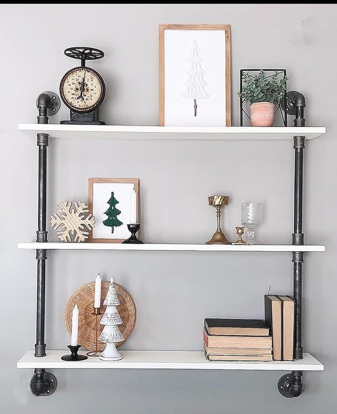 HDDFER Industrial Pipe Shelving Rustic White Pipe Wall Shelves Bathroom Shelves with Wood Planks Industrial Floating Shelves 30 Inch Farmhouse Bookshelf Pipe Shelves Wall Mounted