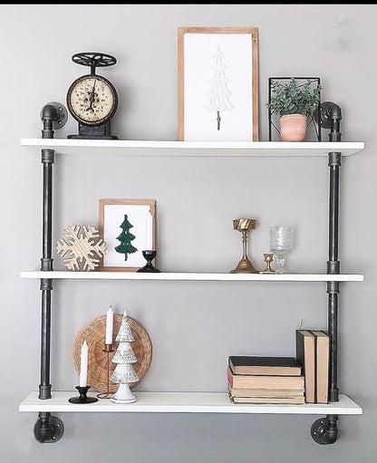 HDDFER Industrial Pipe Shelving Rustic White Pipe Wall Shelves Bathroom Shelves with Wood Planks Industrial Floating Shelves 30 Inch Farmhouse Bookshelf Pipe Shelves Wall Mounted