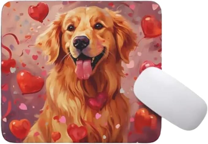 Golden Retriever Mouse Pad Dog with Red Hearts Pattern Non-Slip Rubber Mouse Pad Puppy in Love Mouse Pad for Home Office Work Desk Computer Desktop Laptop for Dog Lovers