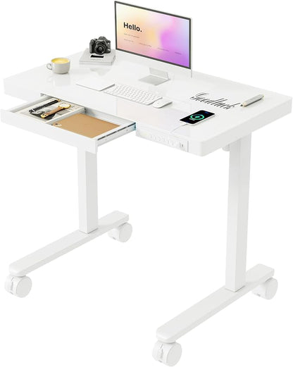 Monomi 35" Glass Standing Desk with Drawer and USB Ports, Electric Height Adjustable Desk for Home Office, White Sit Stand Table with Storage, Easy Assembly Computer Desk for Small Spaces