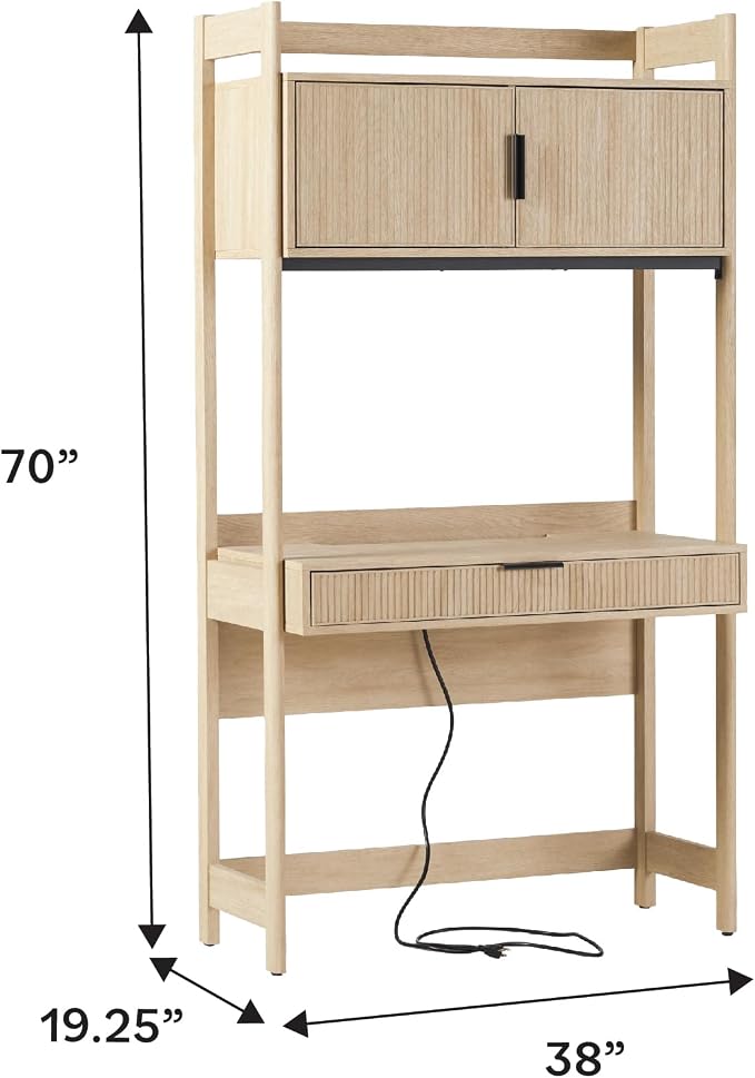 Walker Edison Modern Transitional Interior Design Reeded Desk with Hutch and Drawers, Built-in Tech, Desk with Cord Management, Storage for Small Living Spaces, 38”W x 19”D x 70”H, Coastal Oak