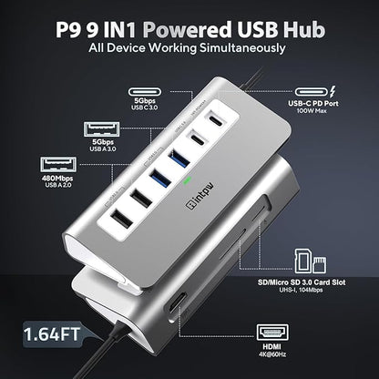 intpw USB C Hub, P9 USB C Hub Multiport Adapter with 4K@60Hz HDMI, PD 100W, Type-C & 2 USB A 3.0 5Gbps, 2 USB A 2.0, SD/TF Card Reader, Aluminum USB Hub for Laptop, iPhone 17 Series, MacBook, iPad