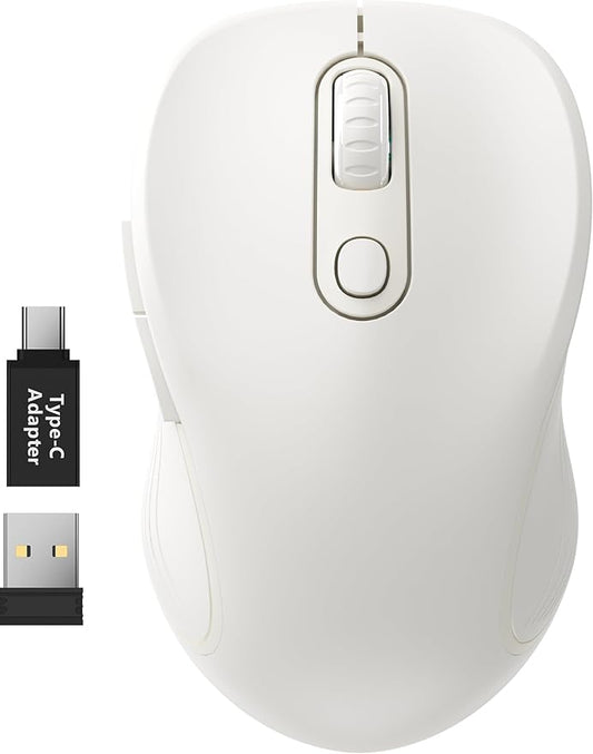 WisFox 2.4G Wireless Mouse for Laptop, Ergonomic Computer Mouse with USB Receiver and Type-C Adapter, 3 Adjustable Levels DPI, 6 Button Cordless Wireless Mice (Pure White)
