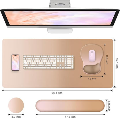 4-in-1 Large Gaming Mouse Pad, Keyboard Wrist Rest Pad & Wrist Support Mousepad Set, Extended Desk Pad Waterproof Desk Mat Protector for Home Office Decor Study Game 35.4×15.7 Inches I Milk Tea Brown