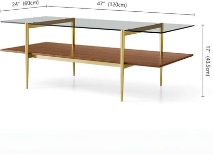 LumFurn X-Large Rectangle Glass Coffee Table, Mid-Century Modern Design for Living Room, L47xW24xH17 inch, 2-Tier Structure, Clear Glass Top and Walnut MDF Shelf, Conical Metal Legs with Gold Finish