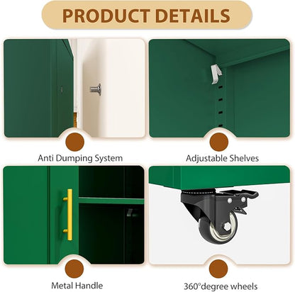 36" Metal Garage Storage Cabinet with Lock and Wheels,Rolling Steel Locker Organizer,Office File Cabinet with 2 Doors and 2 Adjustable Shelves,Tool Cabinets for Home Office,Gym,School (Green)