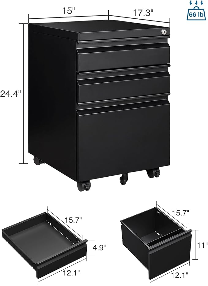 PEUKC 3 Drawer File Cabinet with Lock, Metal Under Desk Rolling Filing Cabinet fits Letter/Legal/A4 Size for Home Office, Mobile Filing Cupboard, Black