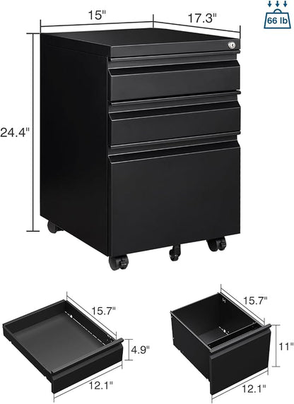 PEUKC 3 Drawer File Cabinet with Lock, Metal Under Desk Rolling Filing Cabinet fits Letter/Legal/A4 Size for Home Office, Mobile Filing Cupboard, Black