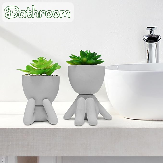 Zerzsy 2 Pack Artificial Plants Succulents with Creative Human Shaped Pots, Office Plant Cute Desk Decor for Women, Fake Succulent Decoration for Home Bathroom Shelf Decor (Grey)